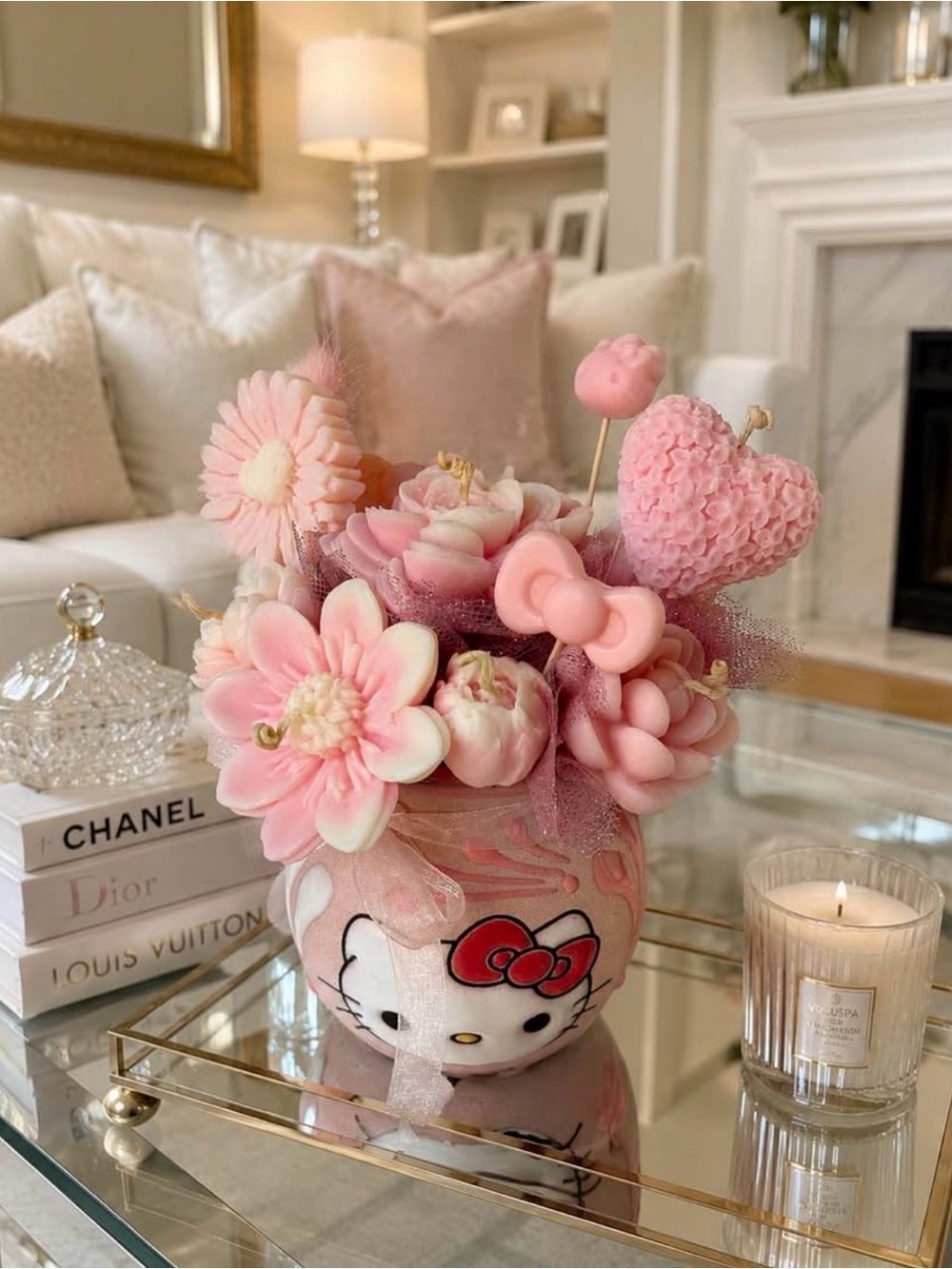 Hello Kitty Pink Faux Floral Centerpiece with Bow Accents
